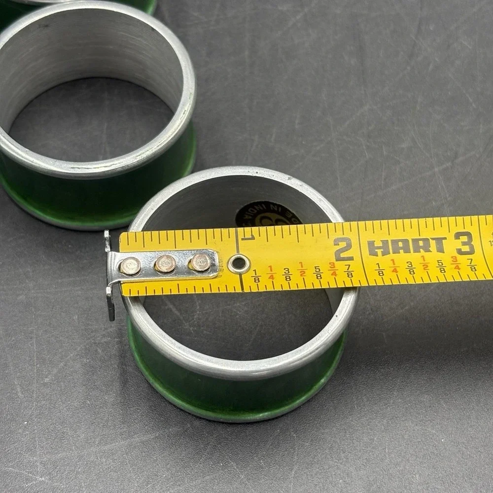 Vtg Set Of 8 Bright Green Enamel Brass Napkin Rings India